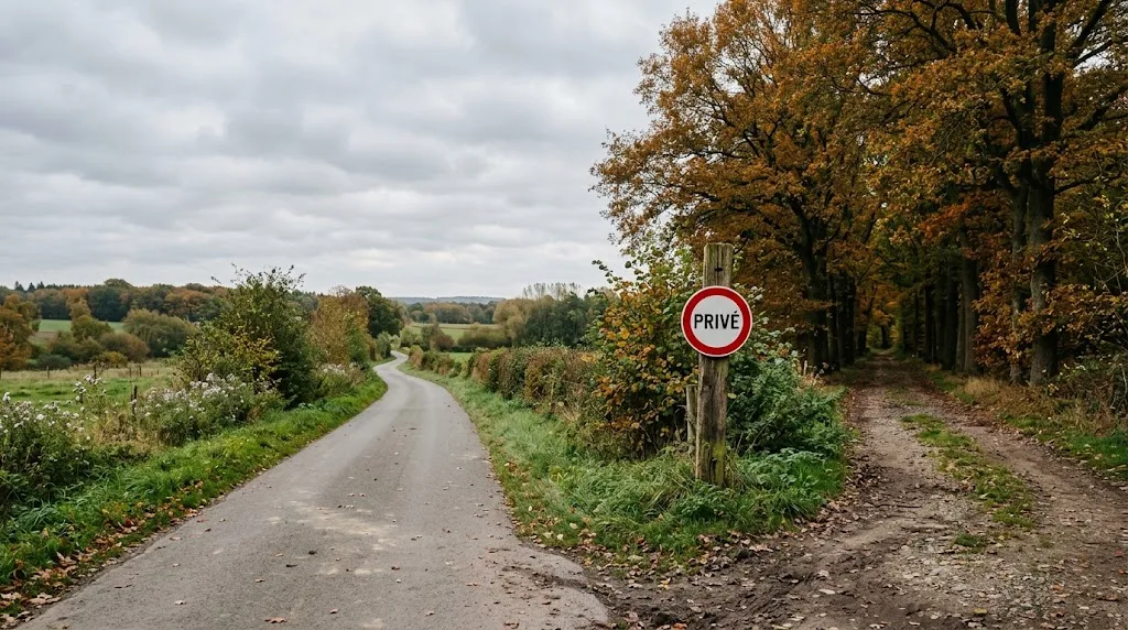 Een asfaltweg op het platteland. Rechts takt een onverharde dreef af, met op de hoek een rond bord met een rode rand en het woord "Privé".