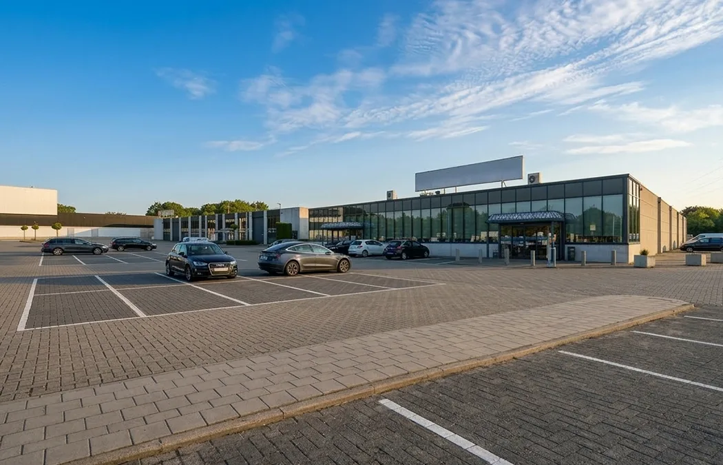 Een grote winkelparking met auto's tussen witte lijnen.