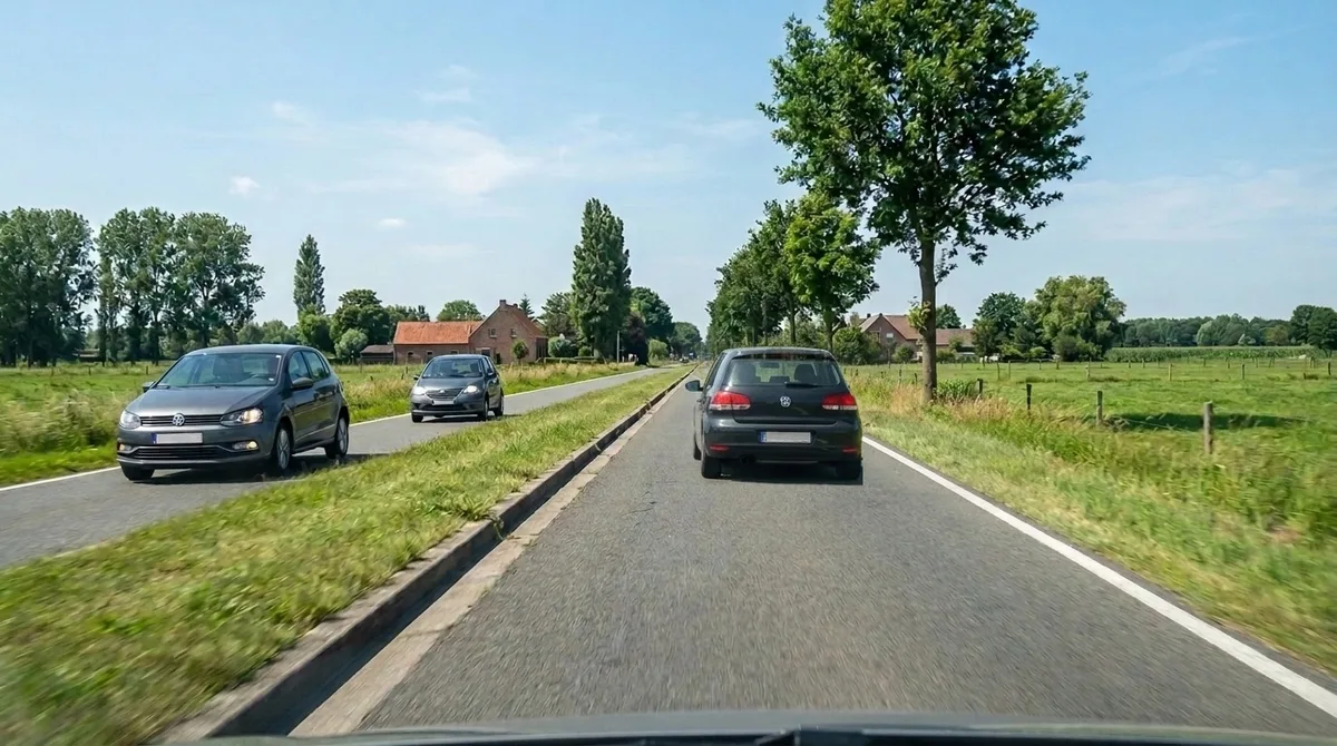 Een weg buiten de bebouwde kom met twee rijbanen, gescheiden door een middenberm met gras. Op de rechtse rijbaan rijdt een auto van ons weg, op de linkse komt het verkeer tegemoet.