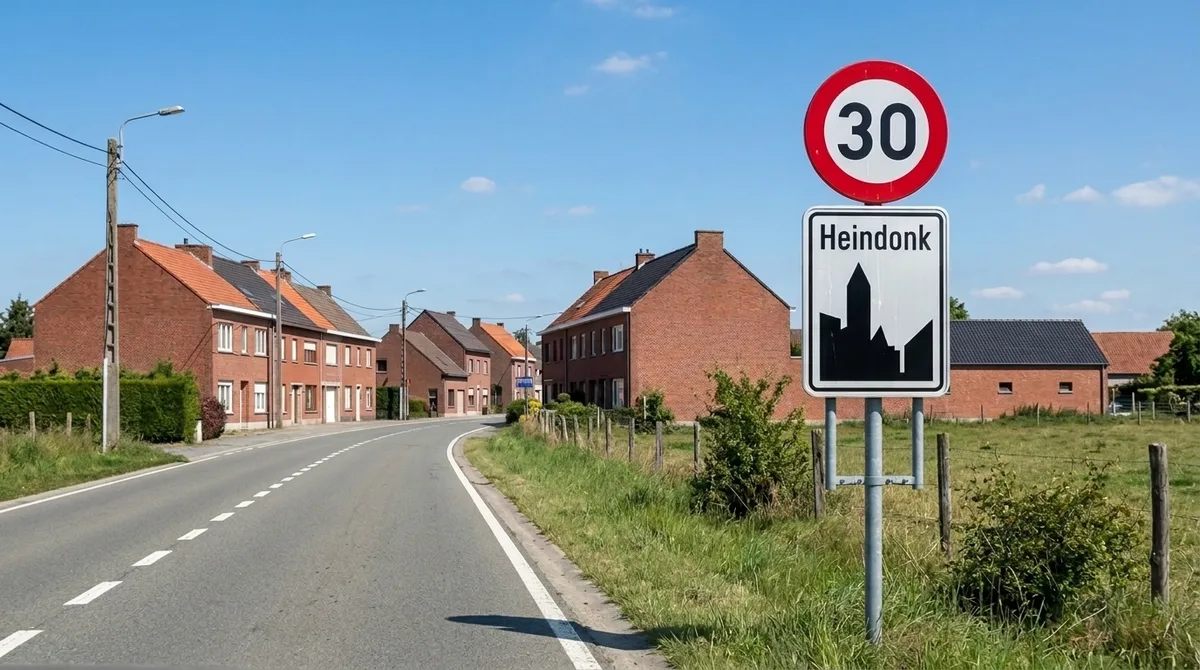 Aan de rand van een dorp staat rechts naast de weg een paal met bovenaan een rond bord 30 en daaronder het witte bord Heindonk met het silhouet van een dorp.