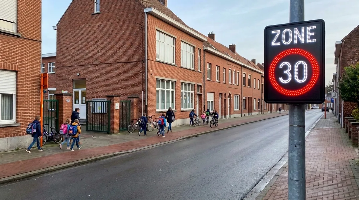 Een elektronisch bord zone 30 dat oplicht naast een school, met kinderen op weg naar de schoolpoort.